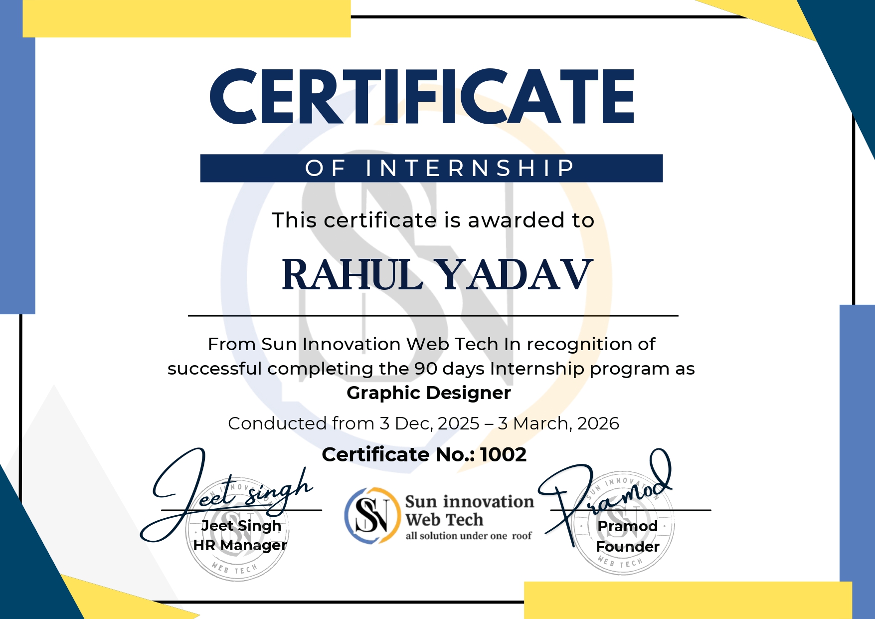 Sun Innovation Internship Certificate